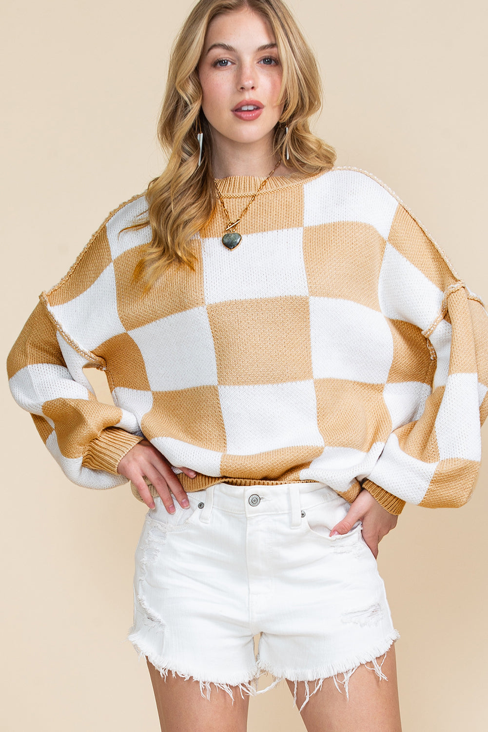 Orange & White Plaid Exposed Seam Bishop Sleeve Sweater